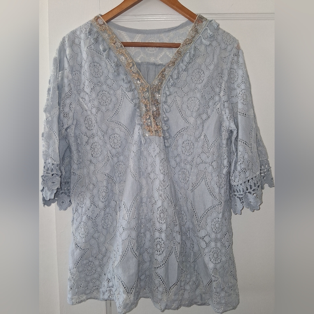 Boho Crochet Sleeve Top – Soft Blue/Grey with Golden Embroidery